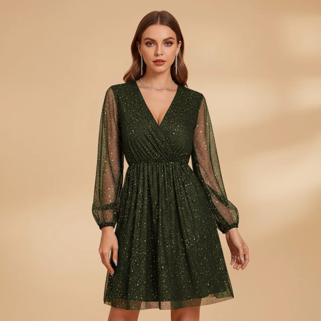 Women’s Short Dress with Sequin Design and Sheer Sleeves