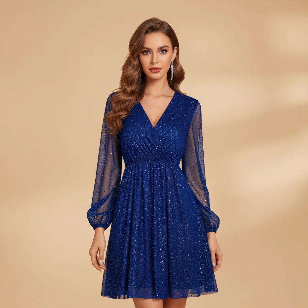 Women’s Short Dress with Sequin Design and Sheer Sleeves