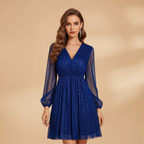 Women’s Short Dress with Sequin Design and Sheer Sleeves