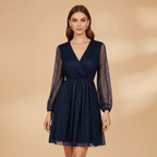 Women’s Short Dress with Sequin Design and Sheer Sleeves