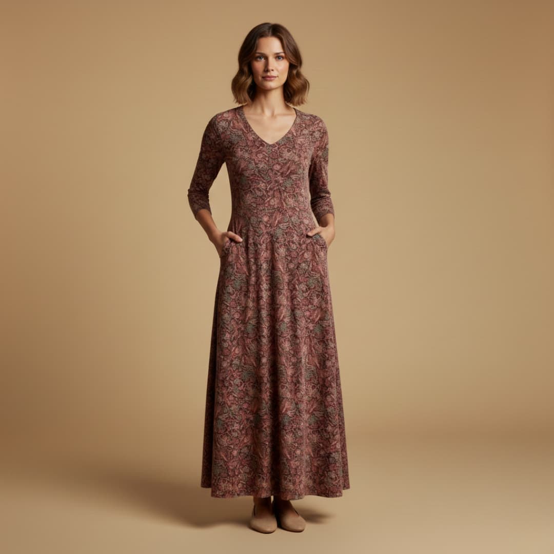 Women’s Long Dress with Retro Pattern and High-Waisted Design
