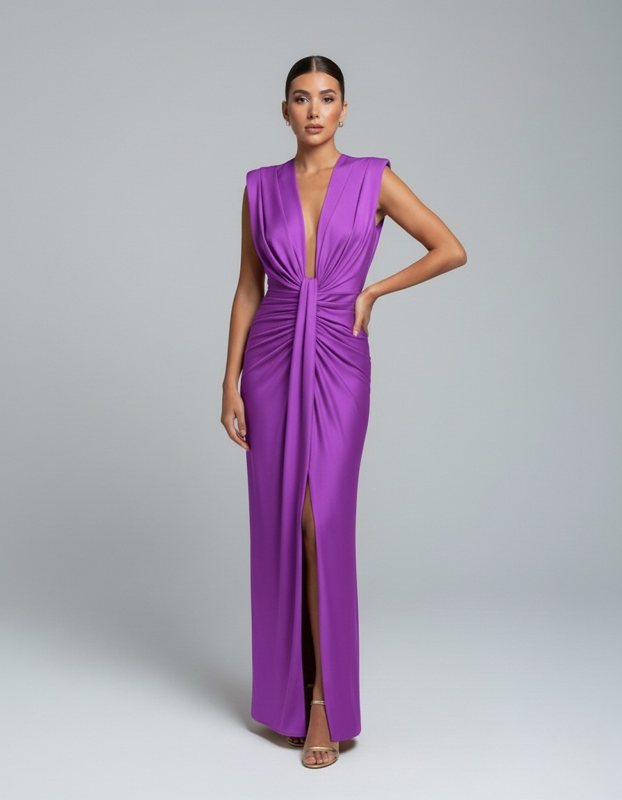 Women’s Sleeveless Maxi Dress with Deep V Neckline and Front Slit