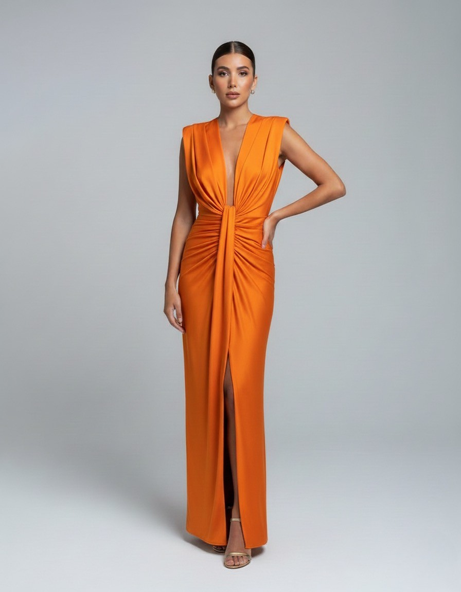 Women’s Sleeveless Maxi Dress with Deep V Neckline and Front Slit