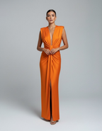 Women’s Sleeveless Maxi Dress with Deep V Neckline and Front Slit