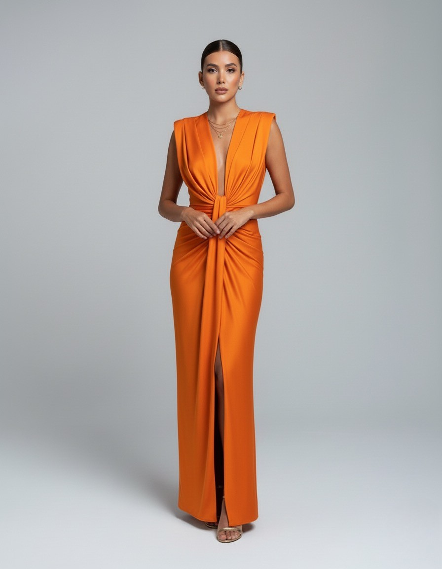 Women’s Sleeveless Maxi Dress with Deep V Neckline and Front Slit