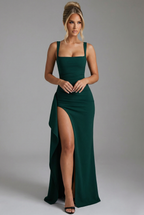 Women’s Elegant Bodycon Slip Maxi Dress with Leg Split and Open Back