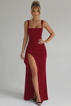 Women’s Elegant Bodycon Slip Maxi Dress with Leg Split and Open Back