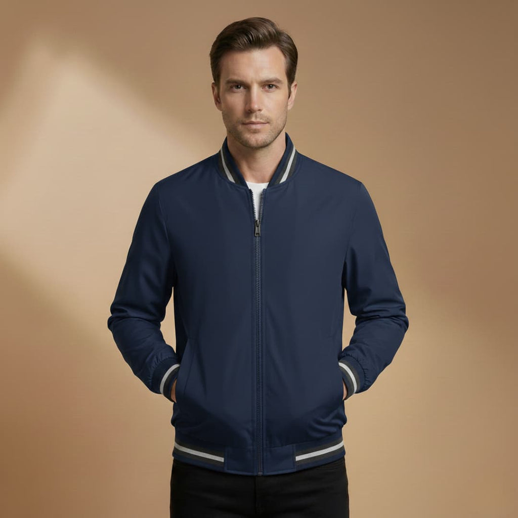 Men’s Bomber Jacket with Stand Collar and Ribbed Sleeves