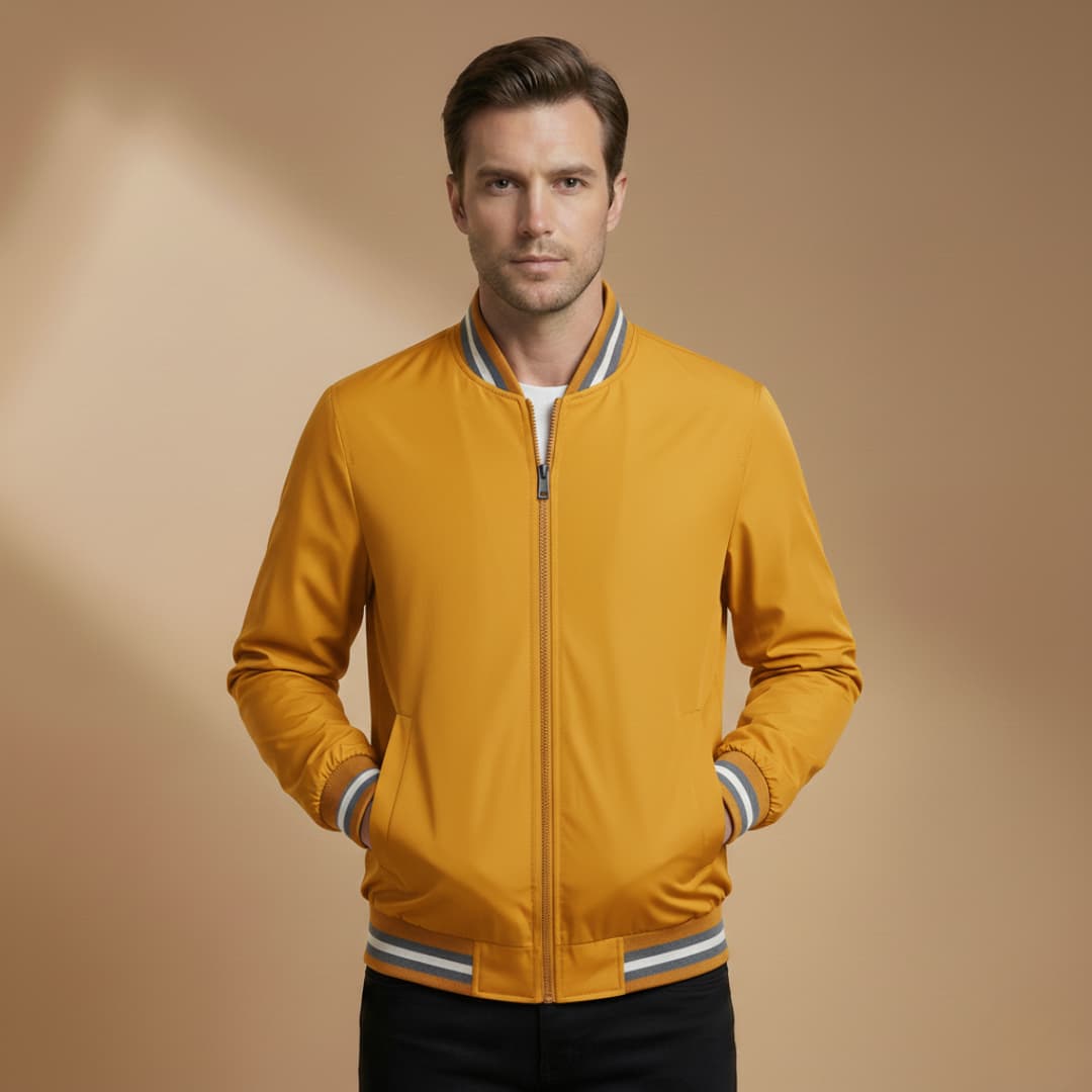 Men’s Bomber Jacket with Stand Collar and Ribbed Sleeves