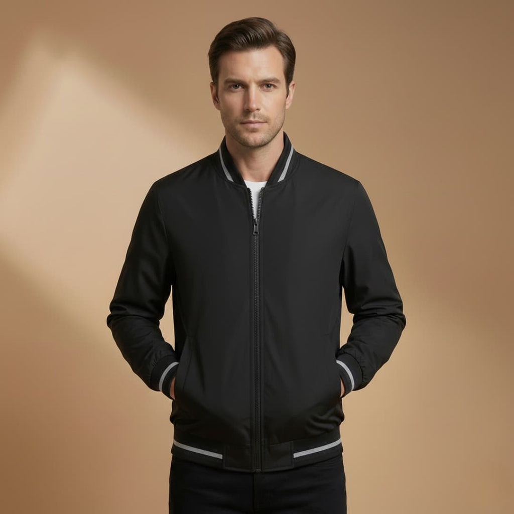 Men’s Bomber Jacket with Stand Collar and Ribbed Sleeves