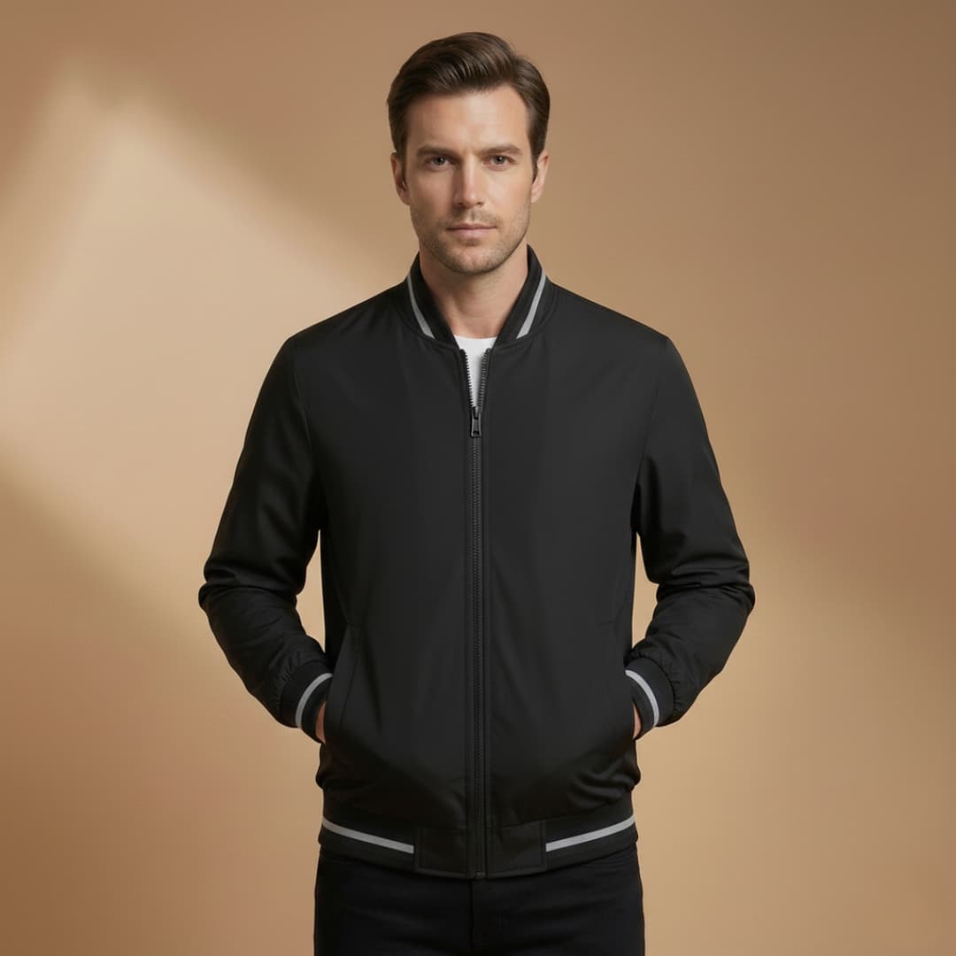 Men’s Bomber Jacket with Stand Collar and Ribbed Sleeves