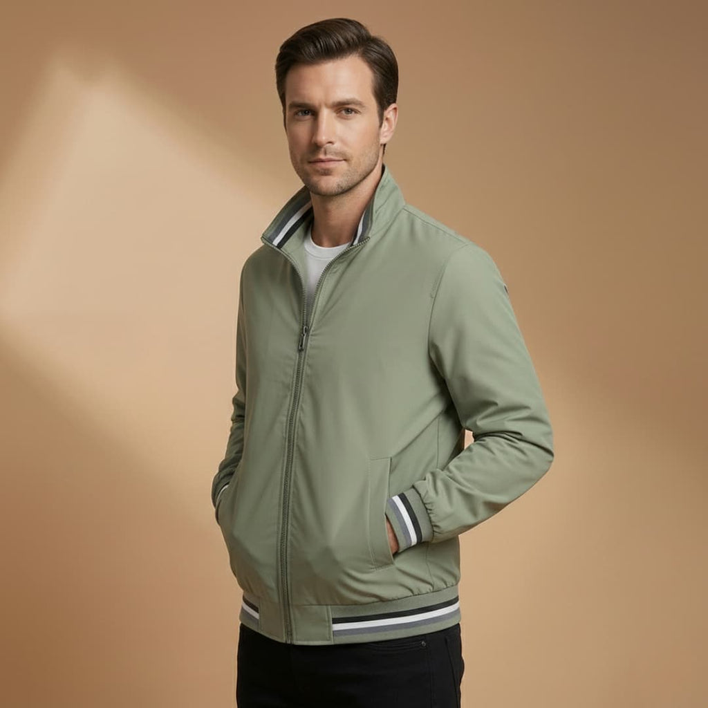 Men’s Bomber Jacket with Stand Collar and Ribbed Sleeves