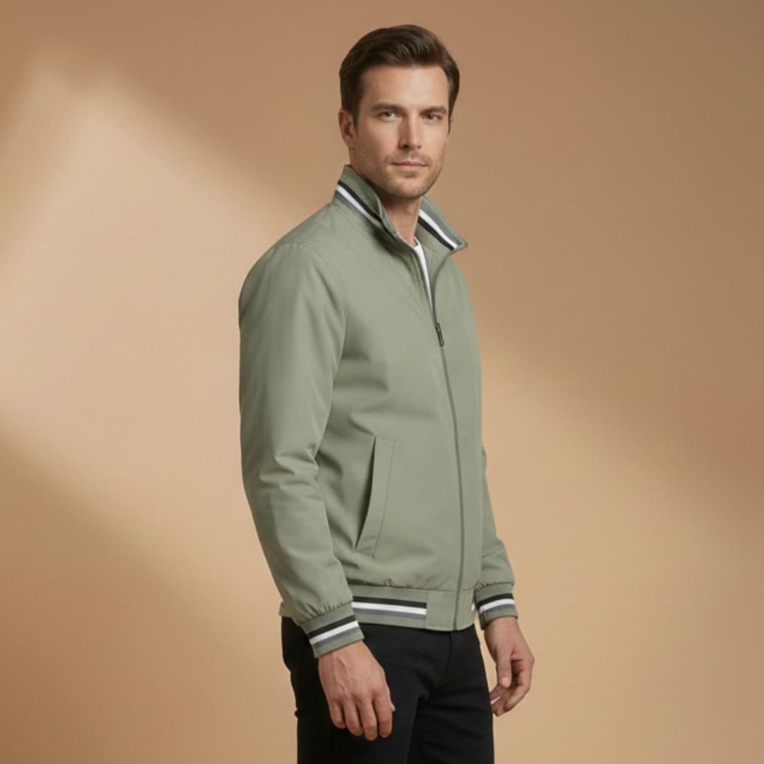 Men’s Bomber Jacket with Stand Collar and Ribbed Sleeves