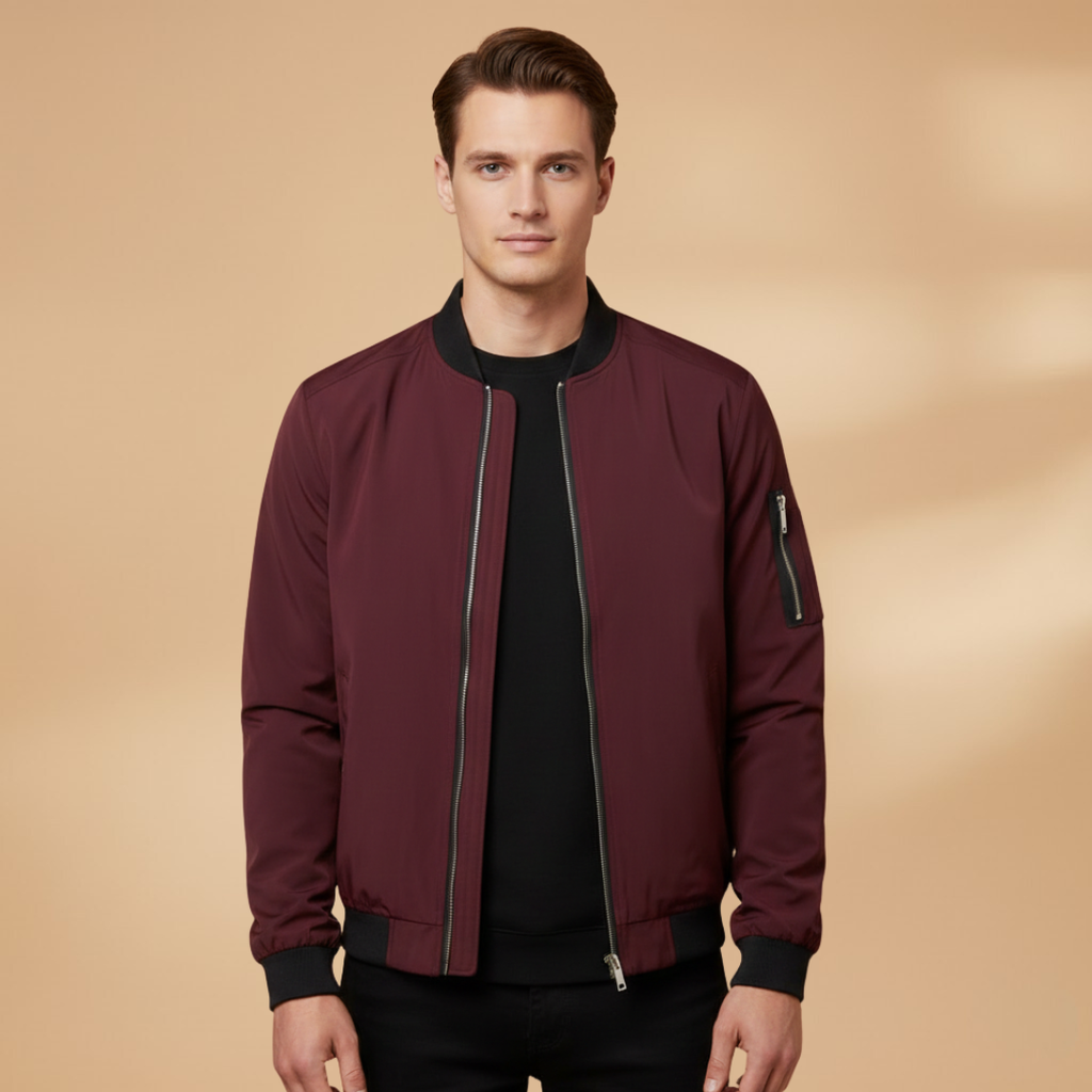 Men’s Bomber Jacket with Metallic Finish and Front Zip