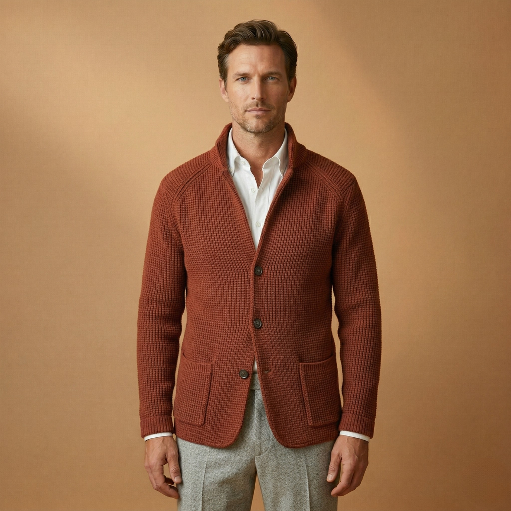 Men’s cardigan with high neck and side pockets