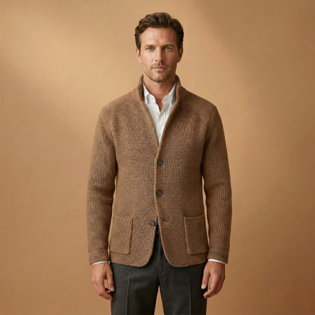 Men’s cardigan with high neck and side pockets