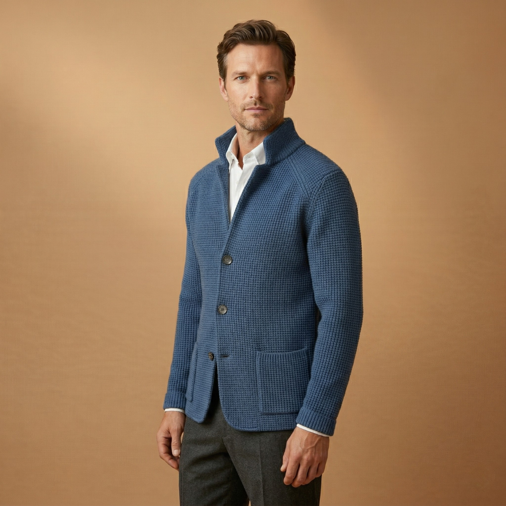 Men’s cardigan with high neck and side pockets