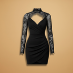 Women's Mini Dress with Lace Trim and High Neck