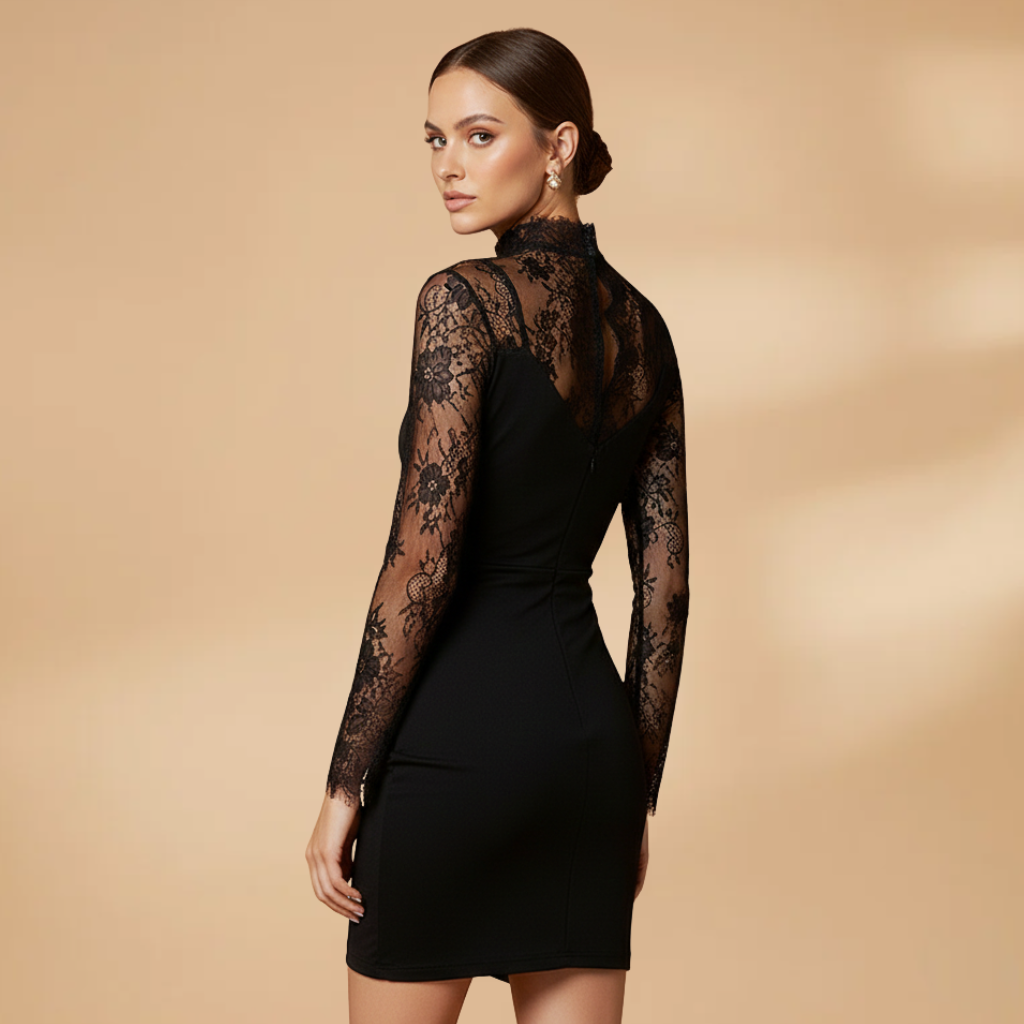 Women's Mini Dress with Lace Trim and High Neck