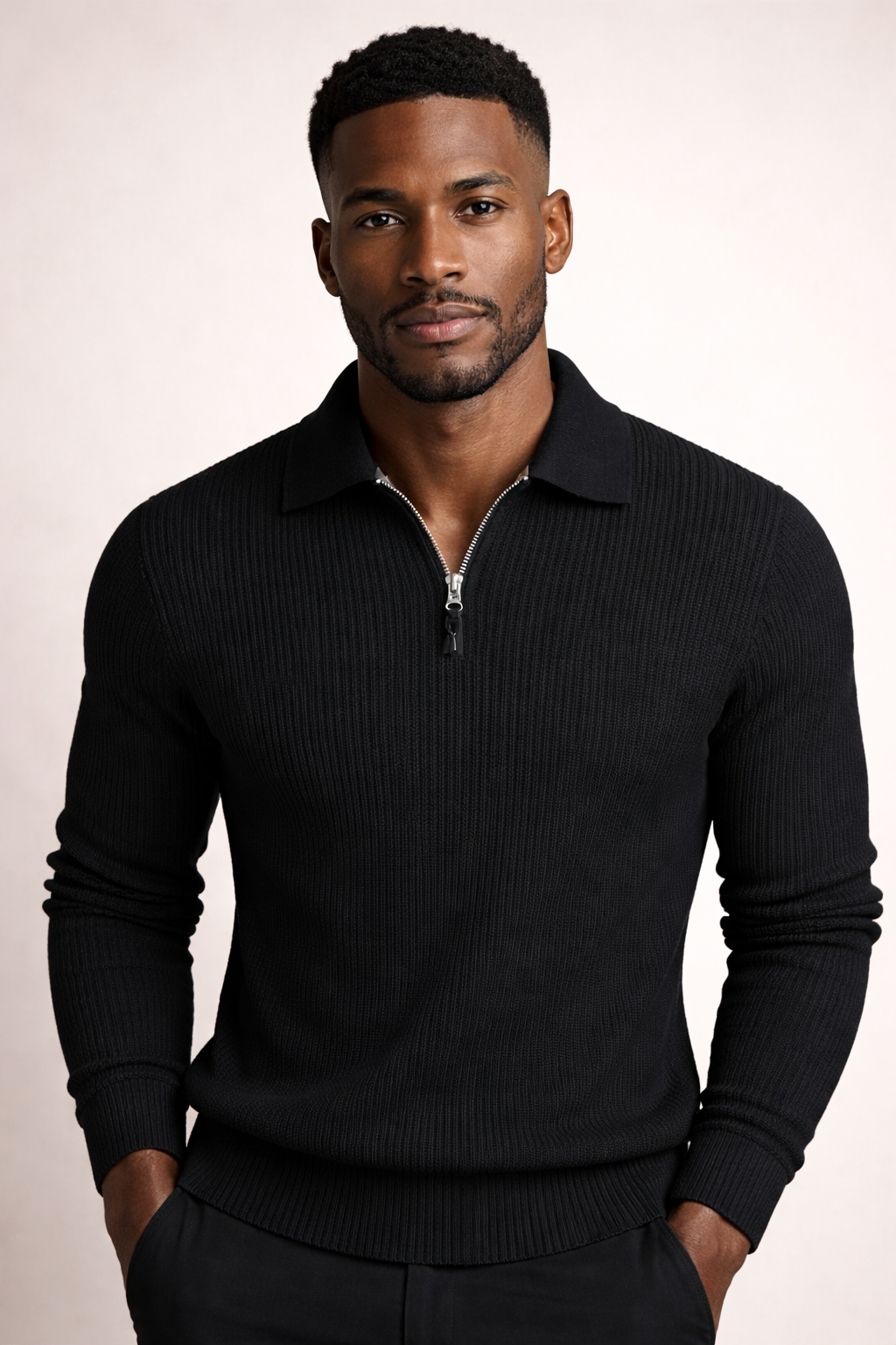 Men’s Ribbed Knit Quarter Zip Sweater Collared Pullover