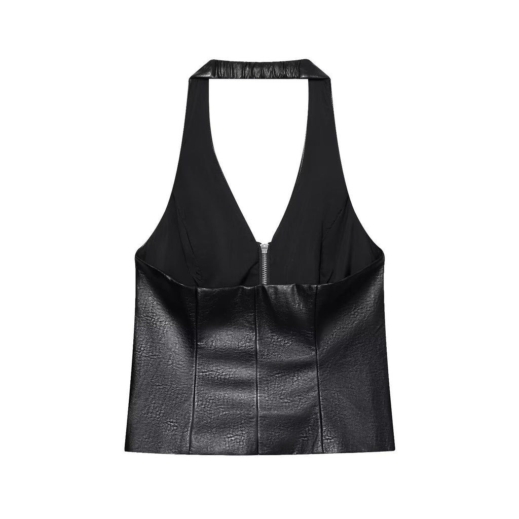 Arabella | Faux Leather Zip-Front Corset Halter Top