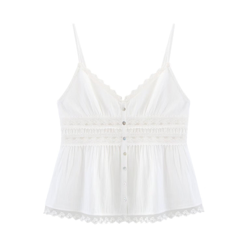 Pearl | Lace Trim Button-Front Peplum Cami Top
