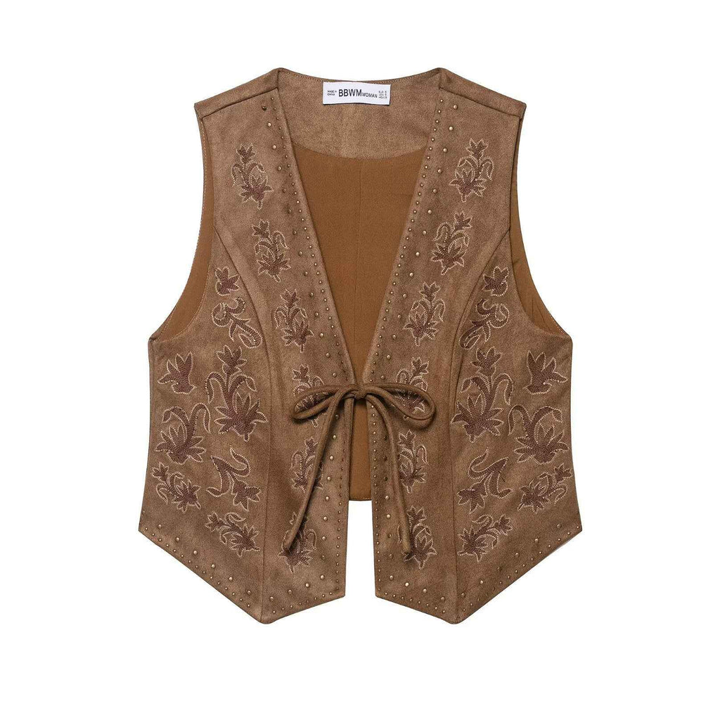 Pippa | Embroidered Tie-Front Suede Waistcoat