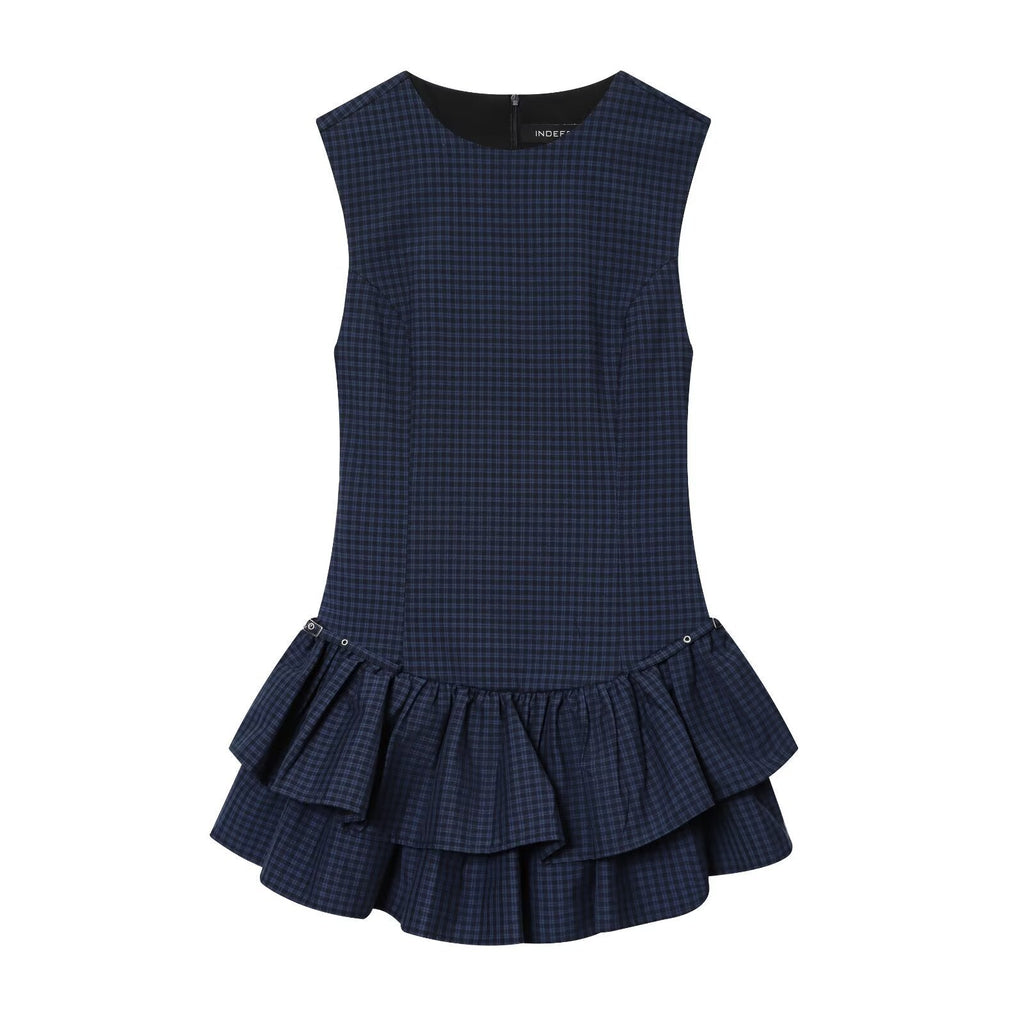 Olivia | Crew Neck Tiered Ruffle Eyelet Detail Checked Mini Dress