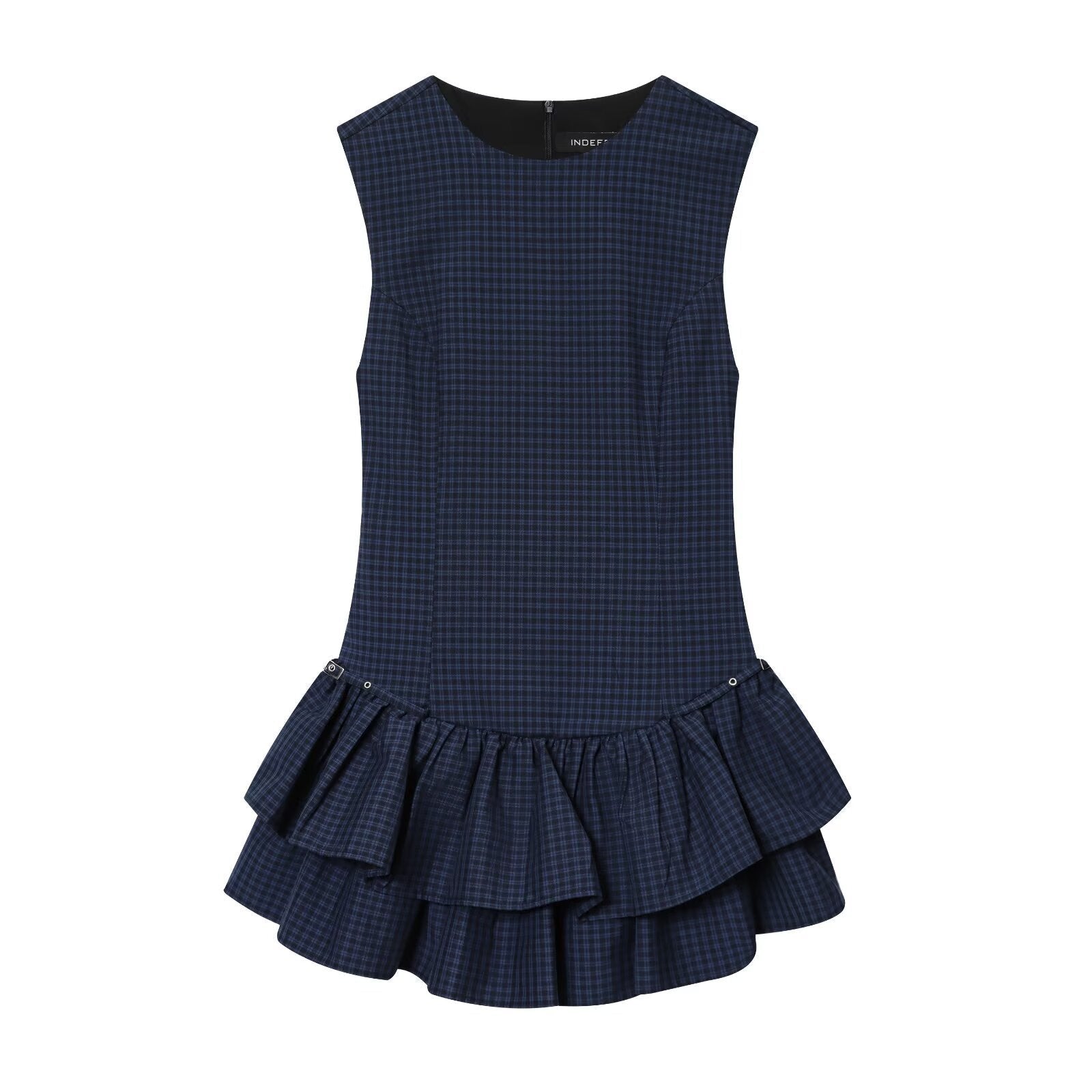 Olivia | Crew Neck Tiered Ruffle Eyelet Detail Checked Mini Dress