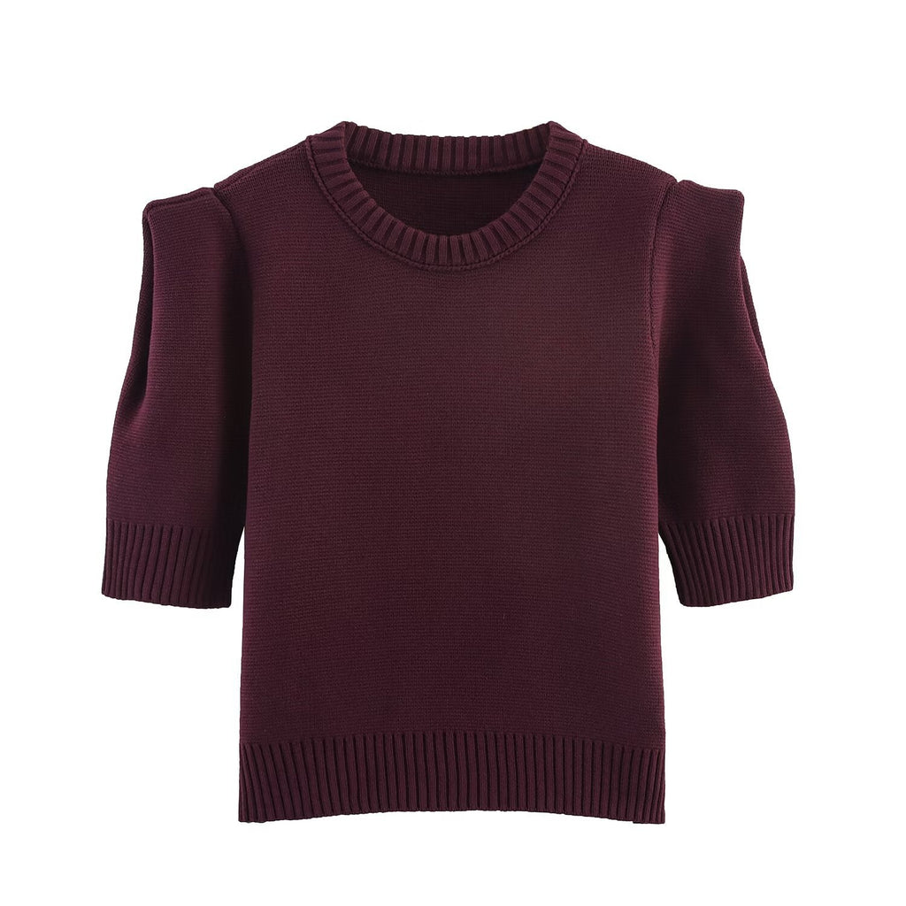 Lucy | Puff Sleeve Crew Neck Ribbed Cropped Knit Top
