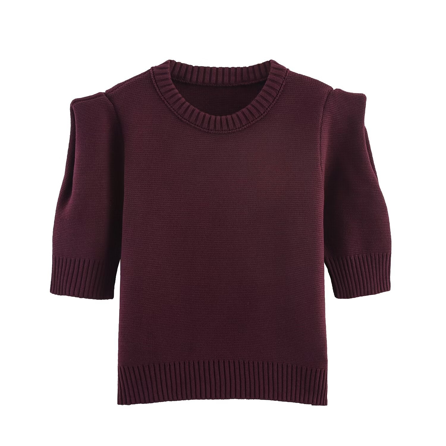 Lucy | Puff Sleeve Crew Neck Ribbed Cropped Knit Top