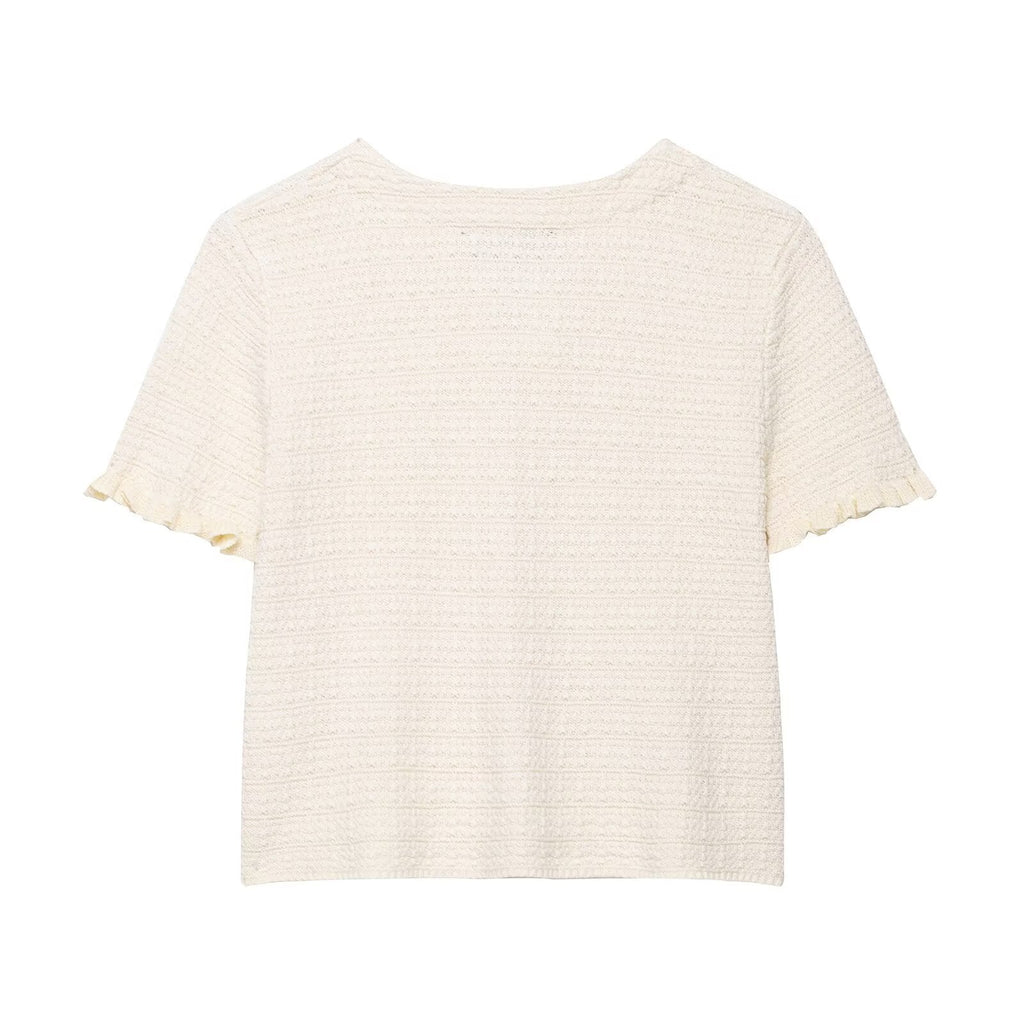Anna | Pearl Button Frilled Sleeve Front Pocket Cropped Knit Top