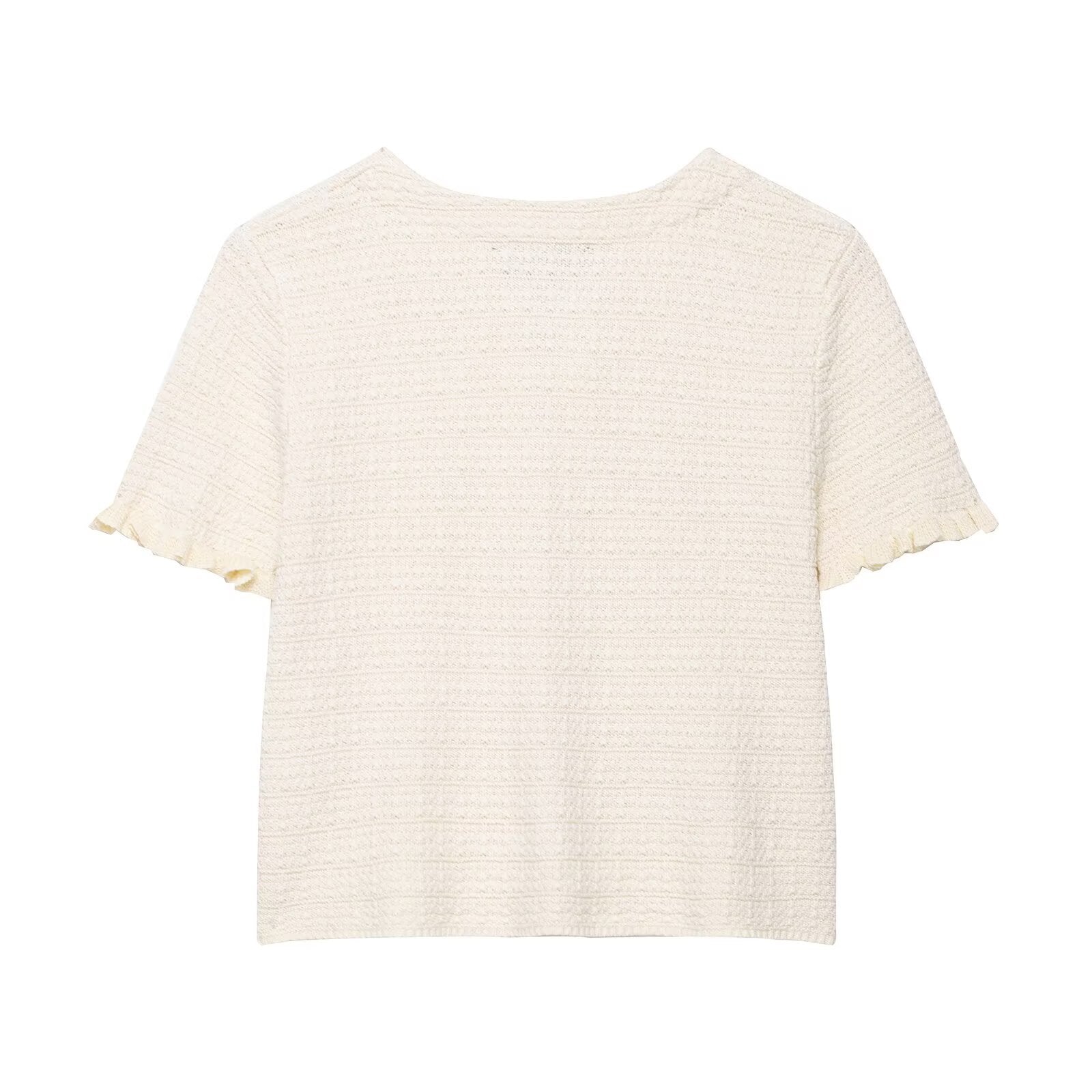 Anna | Pearl Button Frilled Sleeve Front Pocket Cropped Knit Top