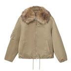 Martha | Khaki Bomber Jacket with Faux Fur Collar