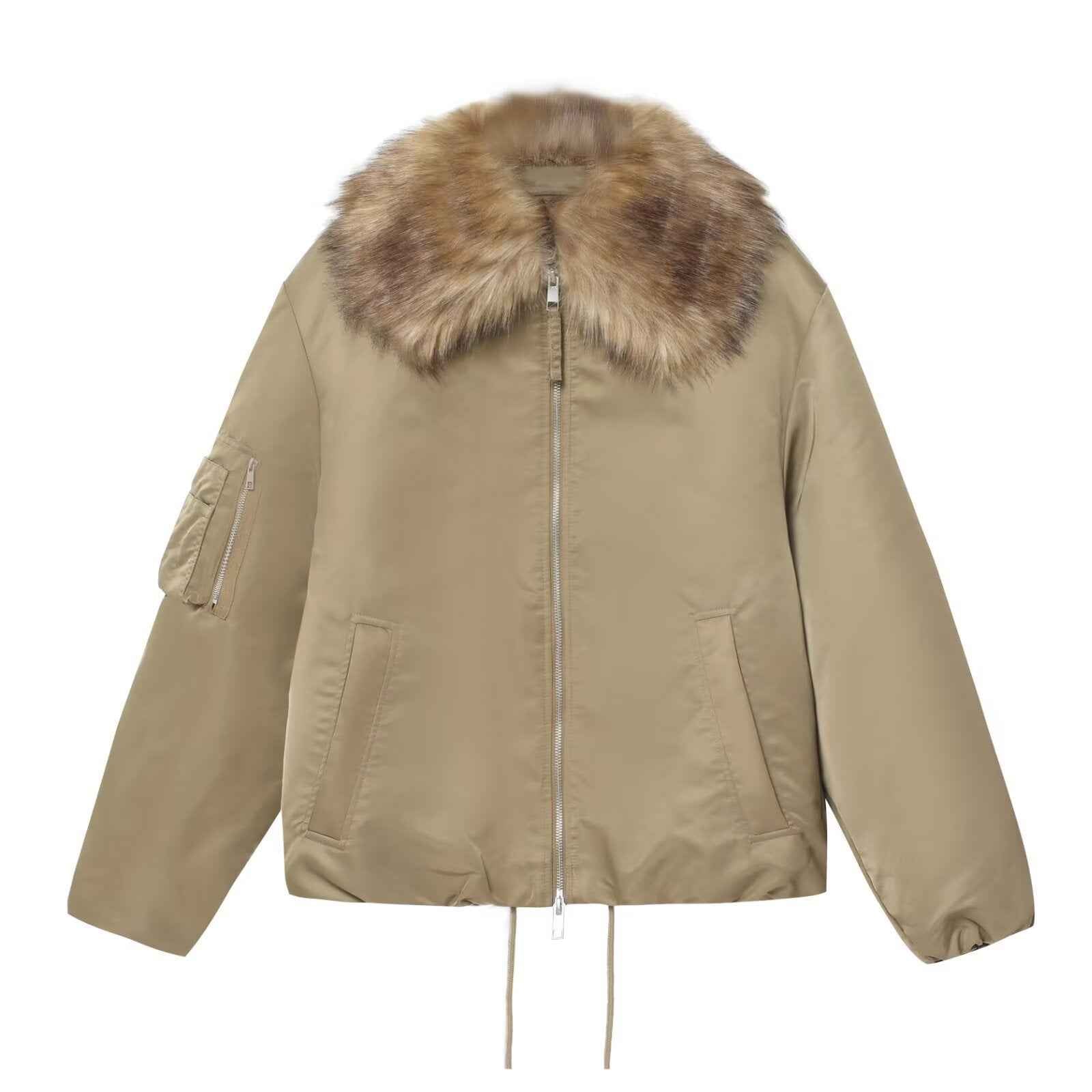 Martha | Khaki Bomber Jacket with Faux Fur Collar