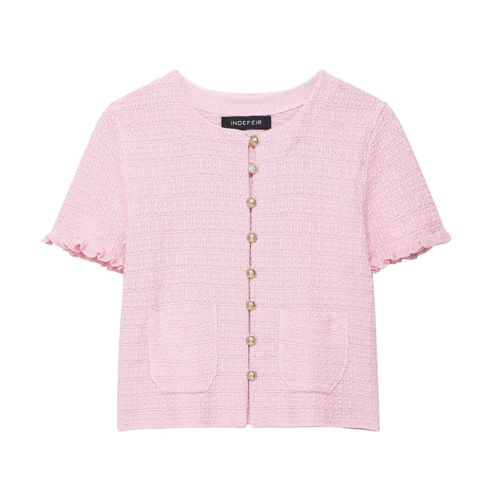 Anna | Pearl Button Frilled Sleeve Front Pocket Cropped Knit Top