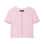 Anna | Pearl Button Frilled Sleeve Front Pocket Cropped Knit Top