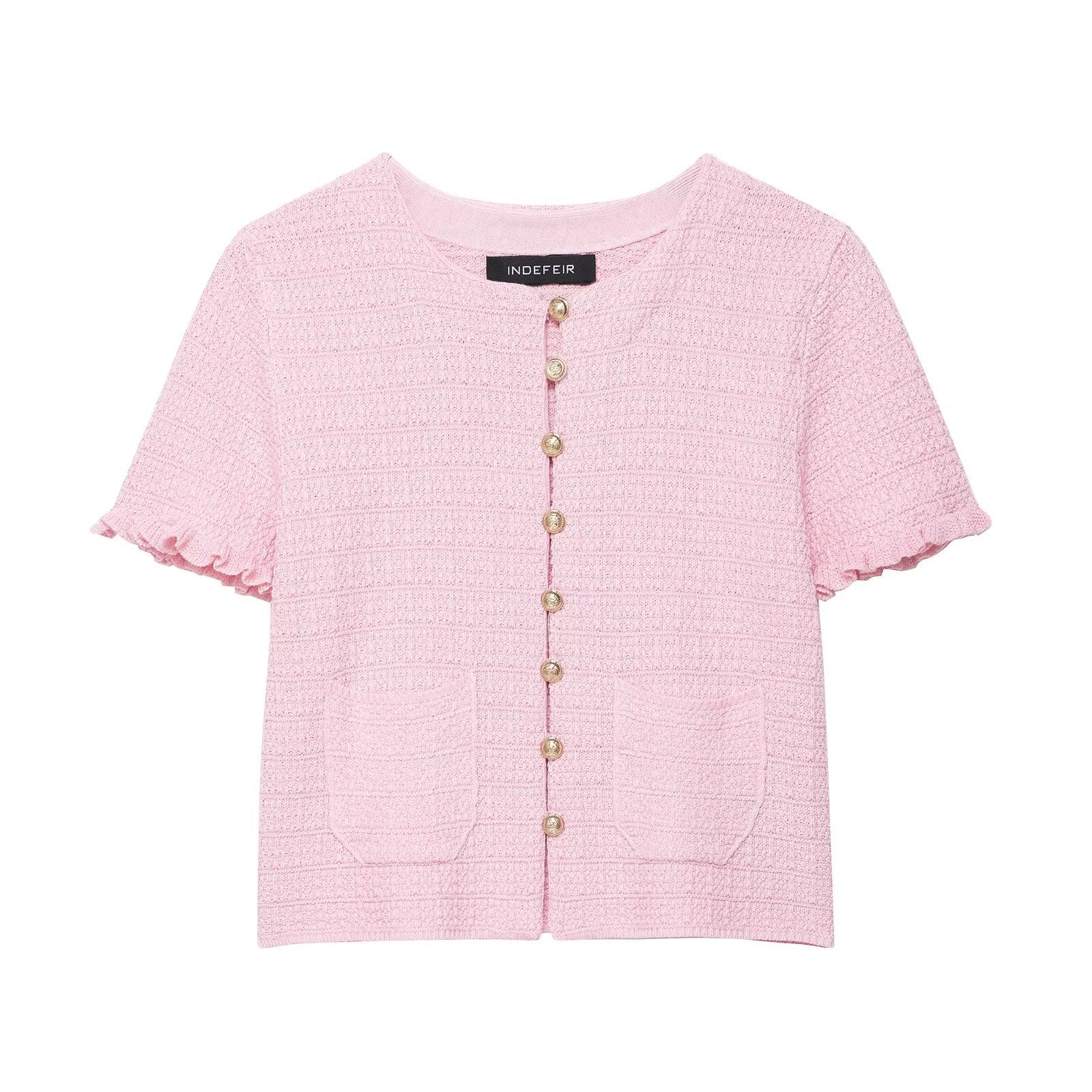 Anna | Pearl Button Frilled Sleeve Front Pocket Cropped Knit Top