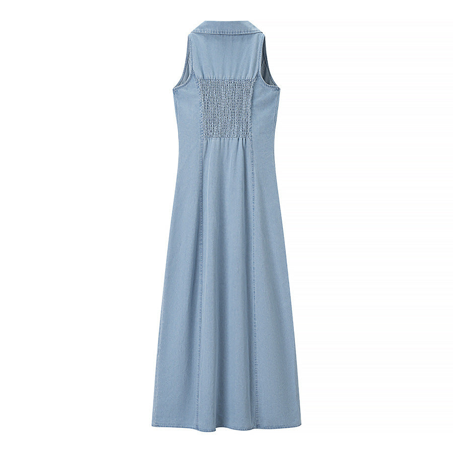 Arabella | Collared V-Neck Button-Front Denim Maxi Dress