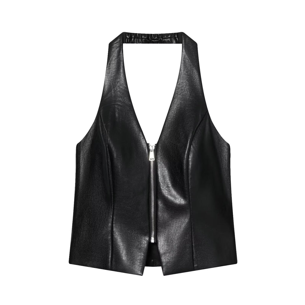 Arabella | Faux Leather Zip-Front Corset Halter Top