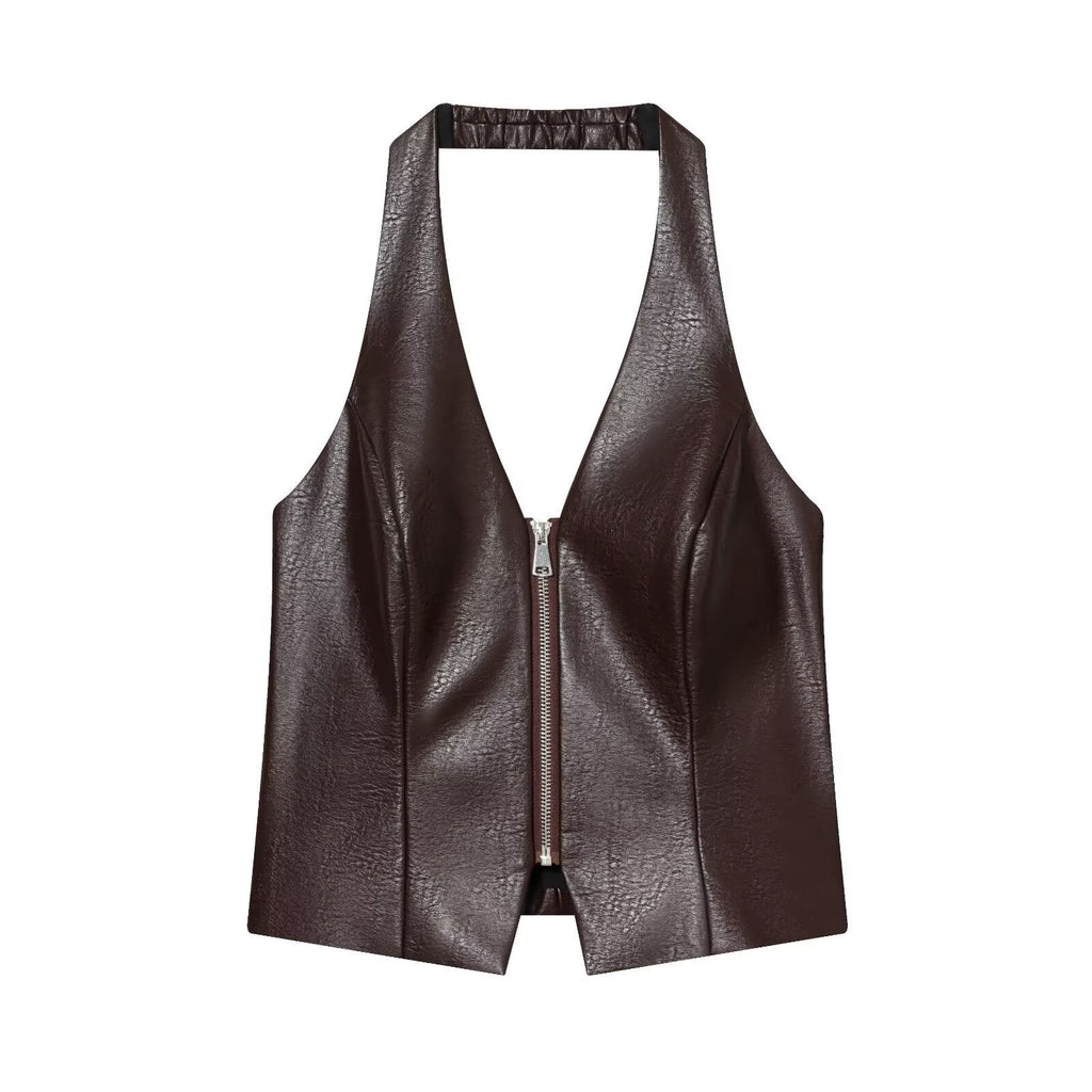 Arabella | Faux Leather Zip-Front Corset Halter Top