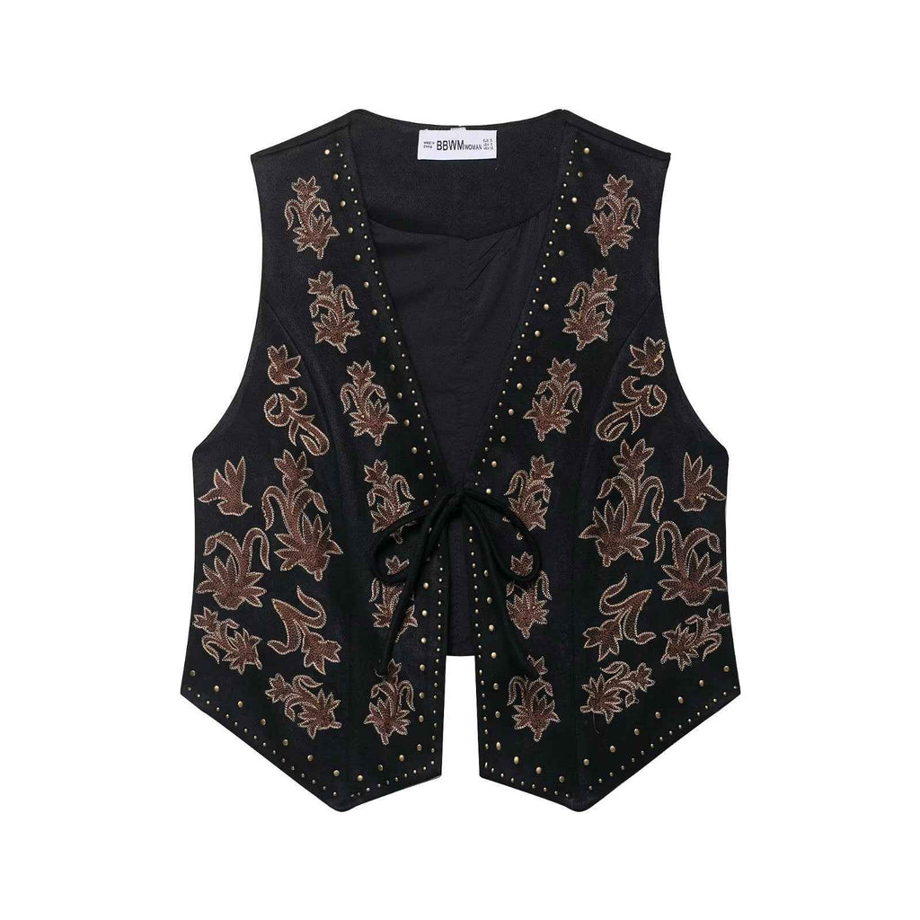 Pippa | Embroidered Tie-Front Suede Waistcoat