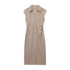 Astrid | Collared Button Front Ruched Shirt Midi Dress