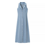 Arabella | Collared V-Neck Button-Front Denim Maxi Dress
