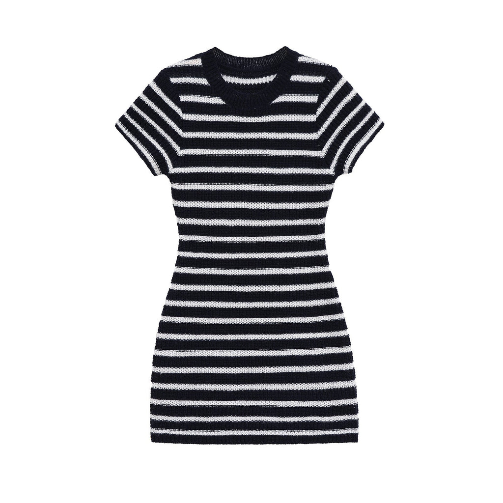 Pearl | Stripe Print Crew Neck Short Sleeve Ribbed Knit Bodycon Mini Dress