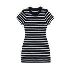 Pearl | Stripe Print Crew Neck Short Sleeve Ribbed Knit Bodycon Mini Dress