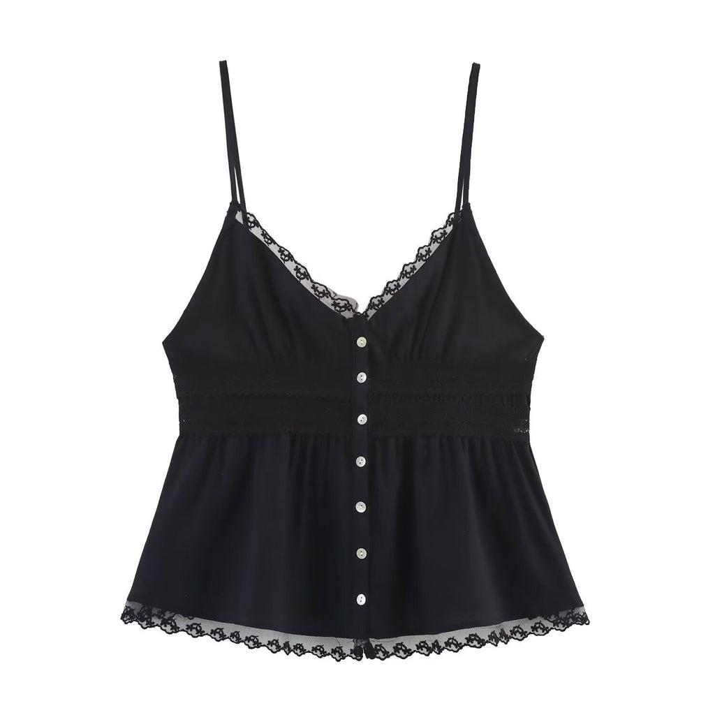 Pearl | Lace Trim Button-Front Peplum Cami Top