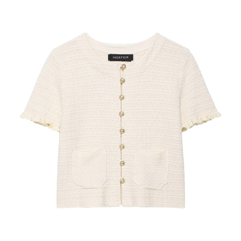 Anna | Pearl Button Frilled Sleeve Front Pocket Cropped Knit Top