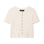 Anna | Pearl Button Frilled Sleeve Front Pocket Cropped Knit Top