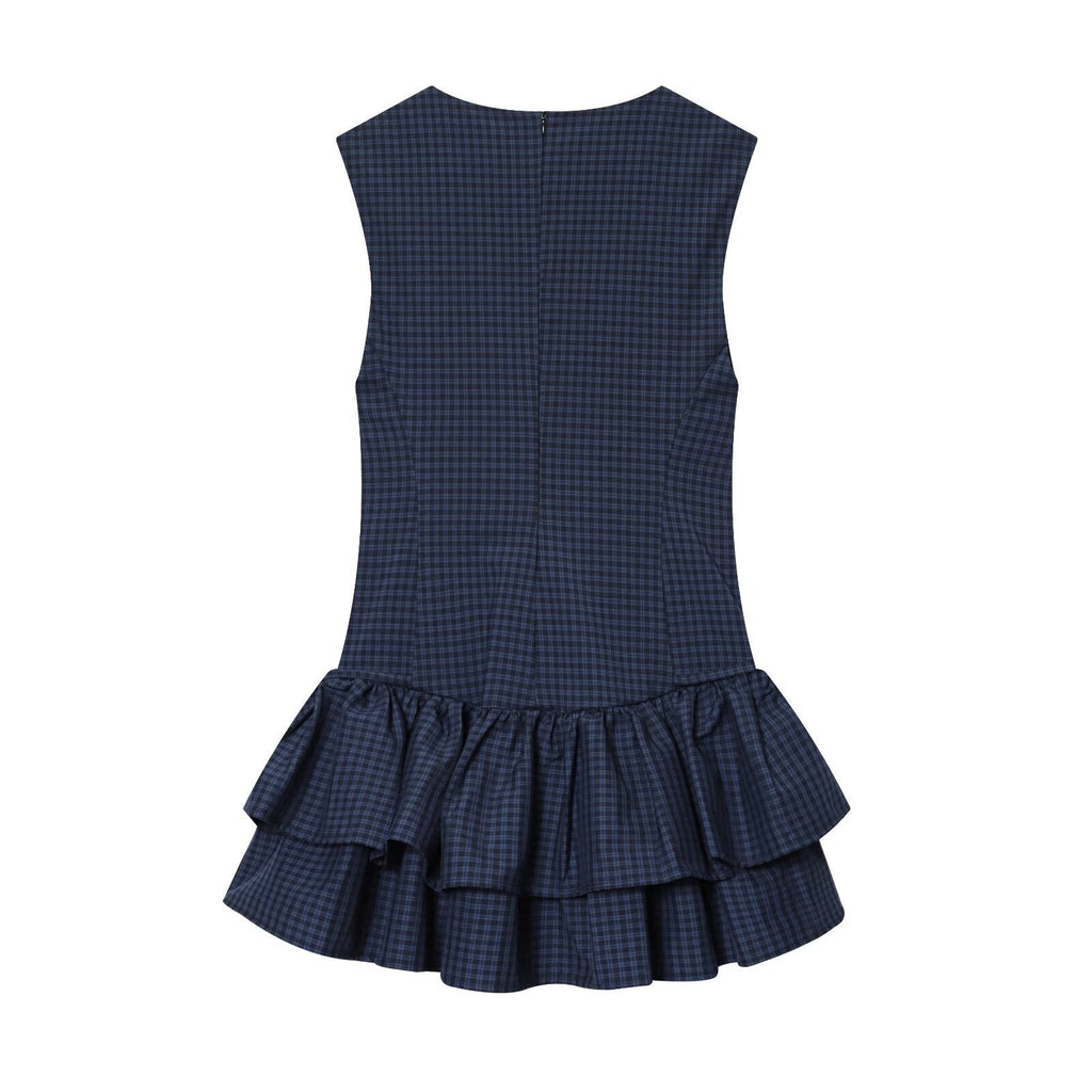 Olivia | Crew Neck Tiered Ruffle Eyelet Detail Checked Mini Dress